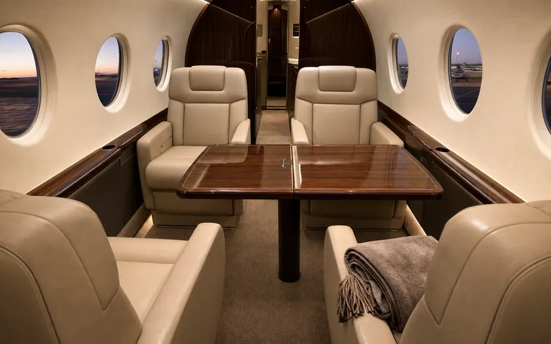 The cabin of a private jet prepared for departure: club seats facing a polished table, dusk apron through the windows
