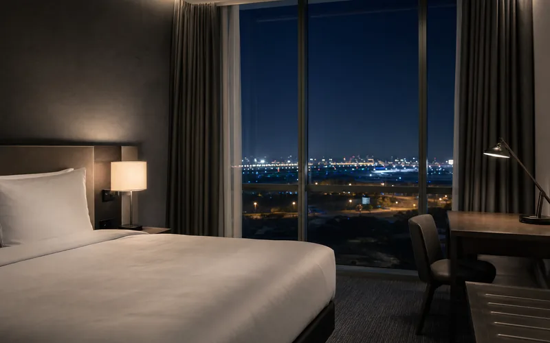 A quiet hotel room at night, bed made and bedside lamp lit, with distant airport lights through the window