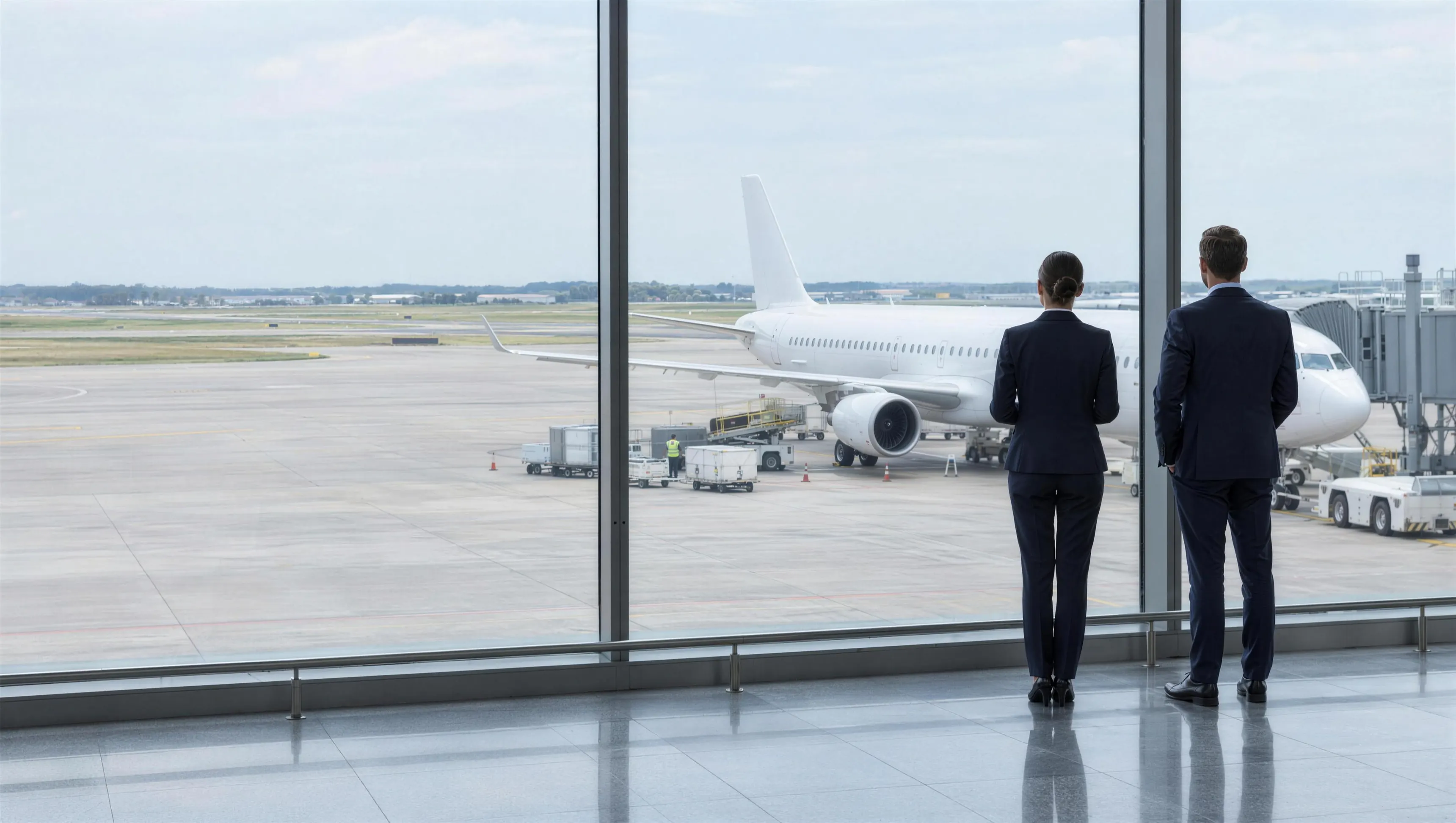 Two aviation professionals on a terminal walkway looking out through glass at an apron