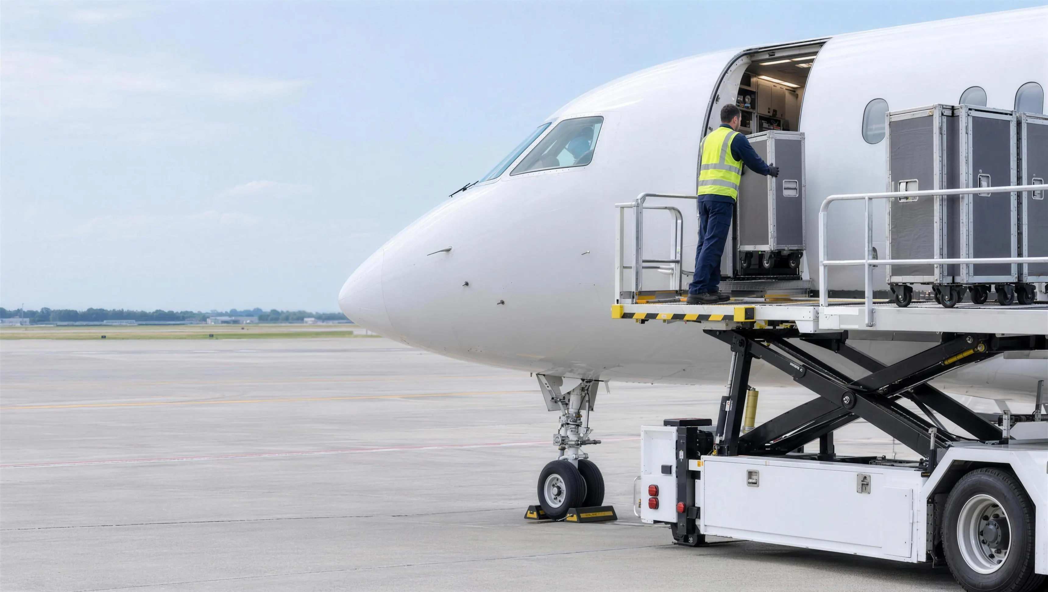 A catering hi-loader raised to the forward galley door of a business jet, with galley carts being passed aboard