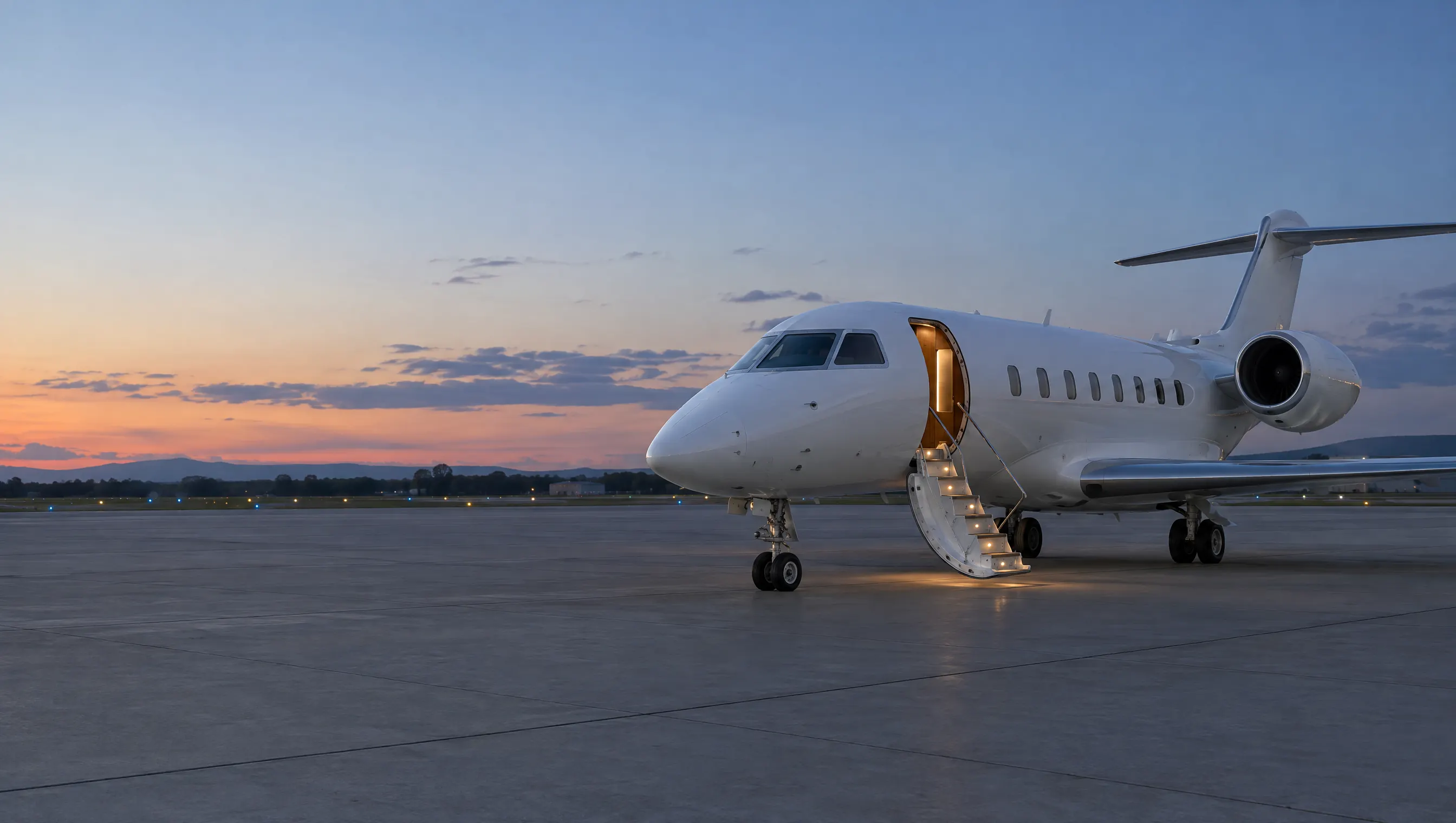 A business jet on a quiet apron at dusk with the airstair door open and the cabin lit