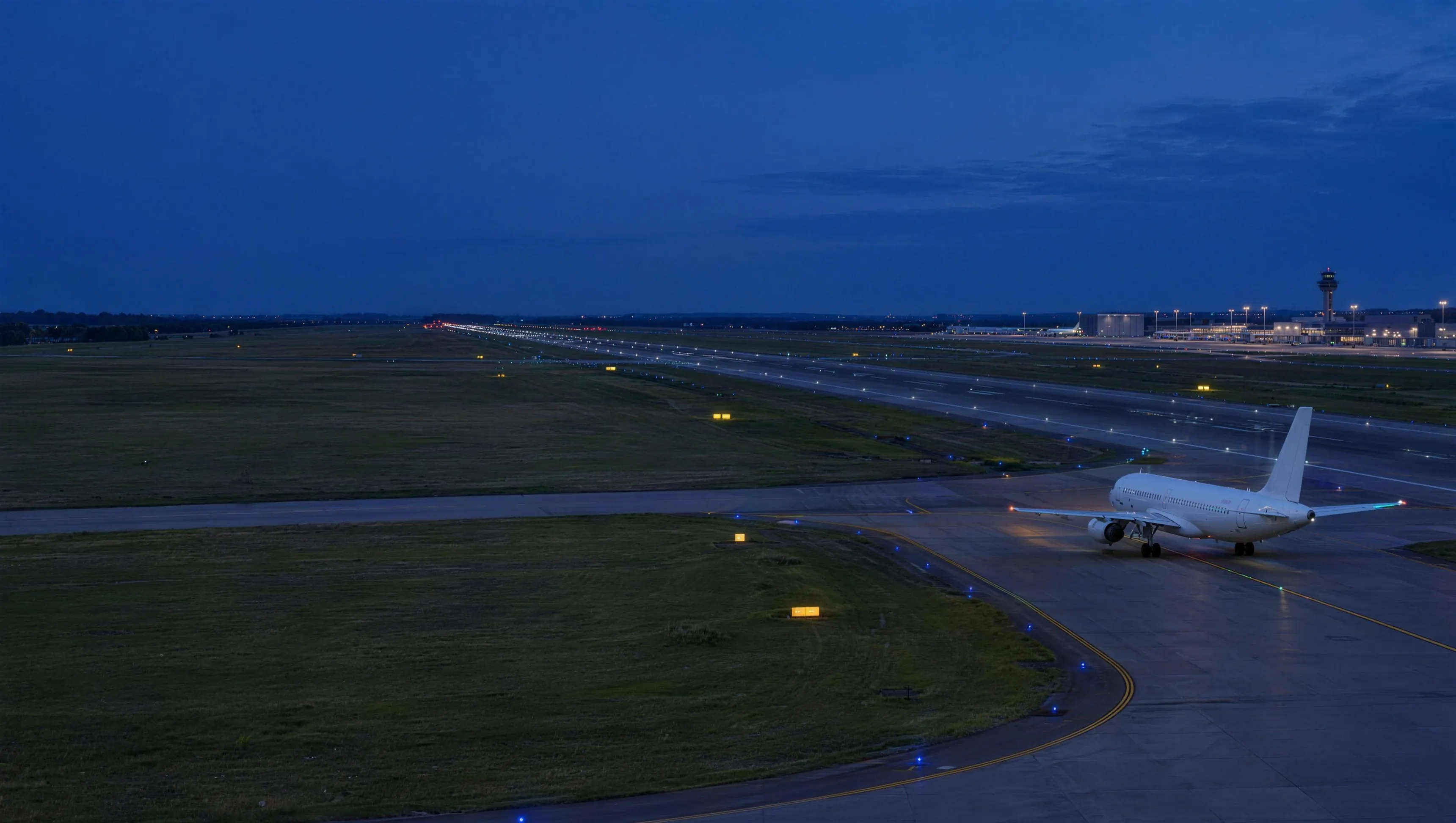 An airfield at blue hour with taxiway and runway lighting stretching into the distance