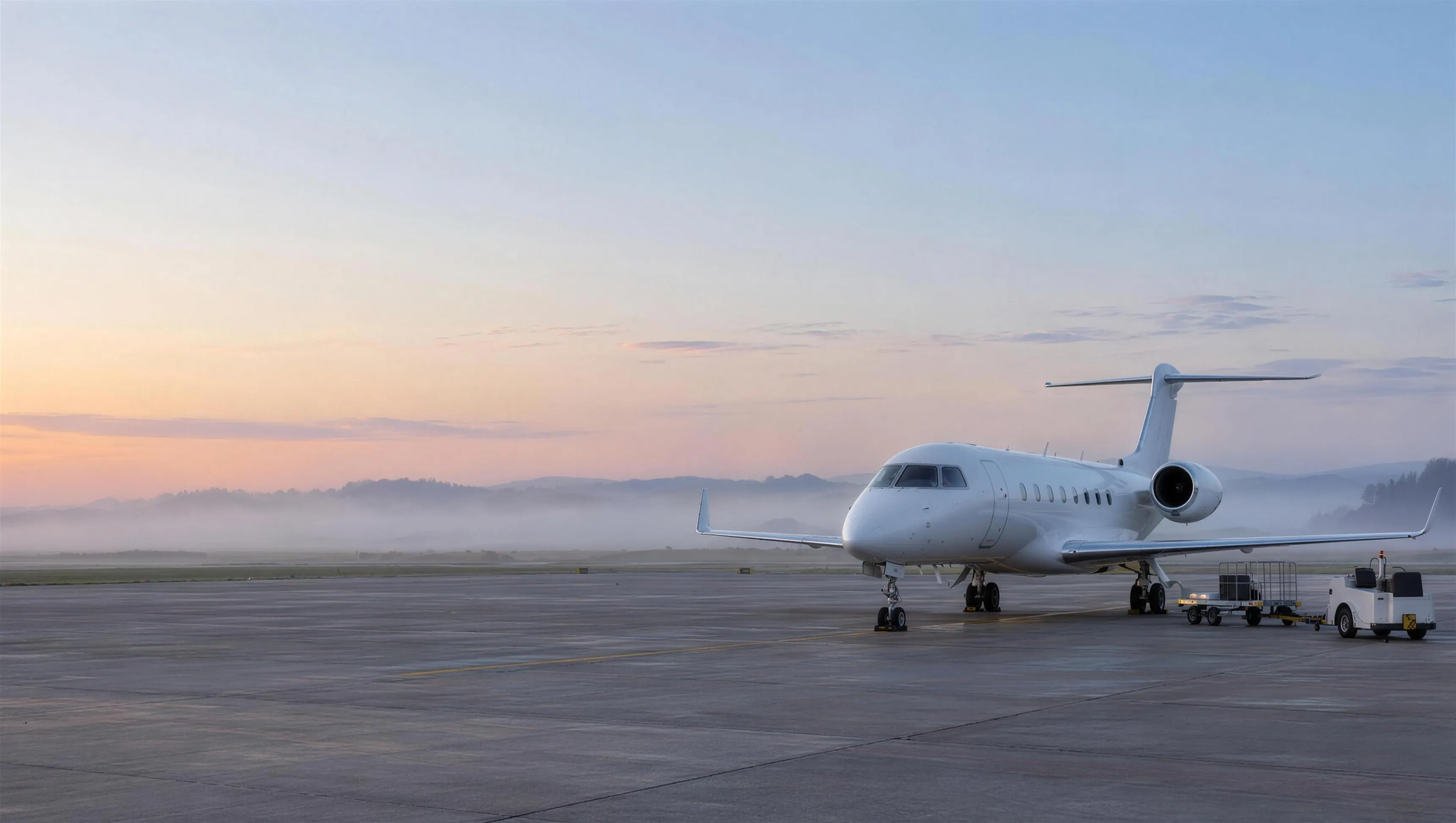 A quiet regional apron at dawn with a single business jet parked and ground equipment nearby