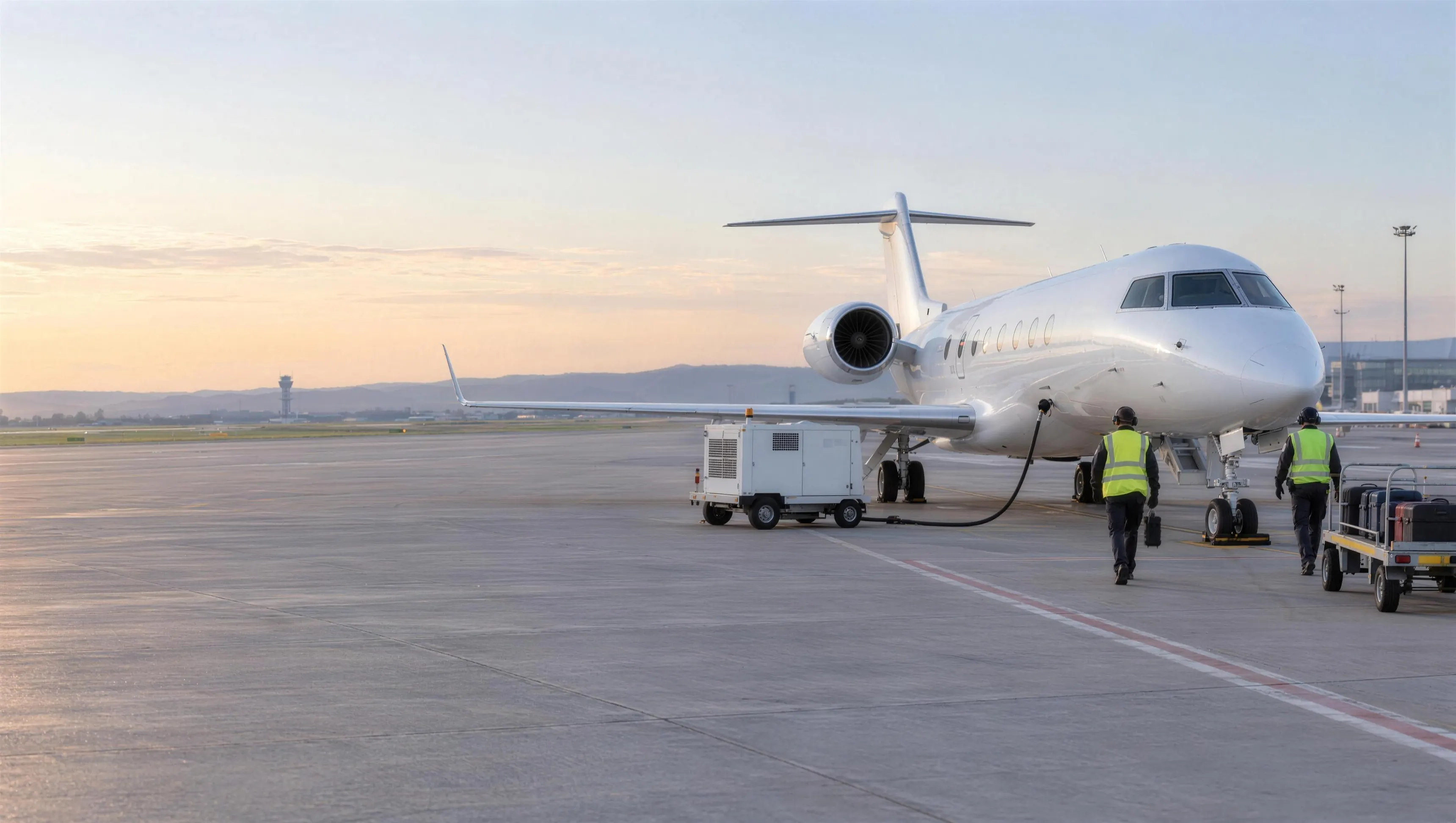 A business jet on an international apron with ground support equipment and ground crew alongside