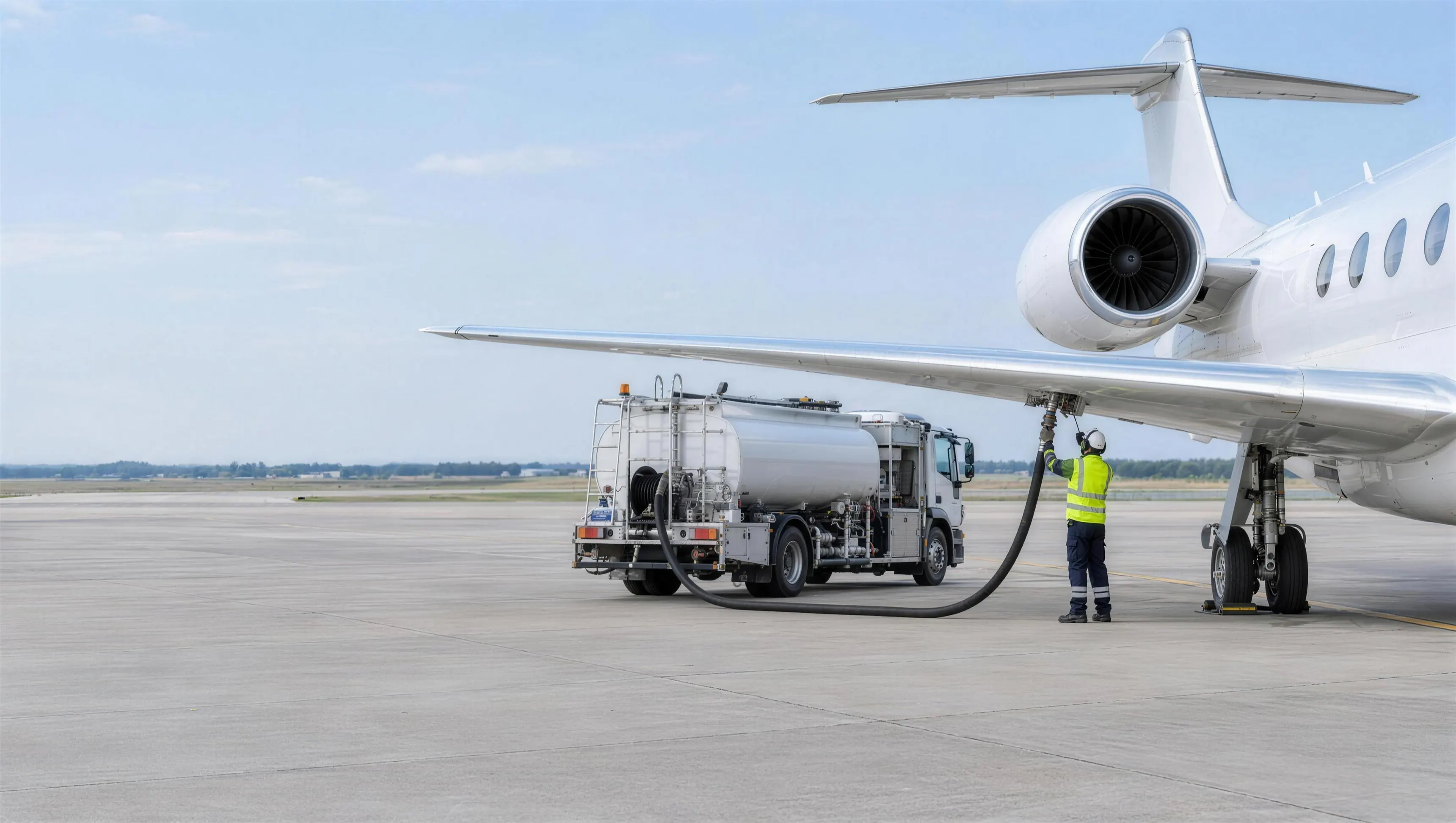 A refuelling bowser under the wing of a business jet with the hose connected at the wing coupling