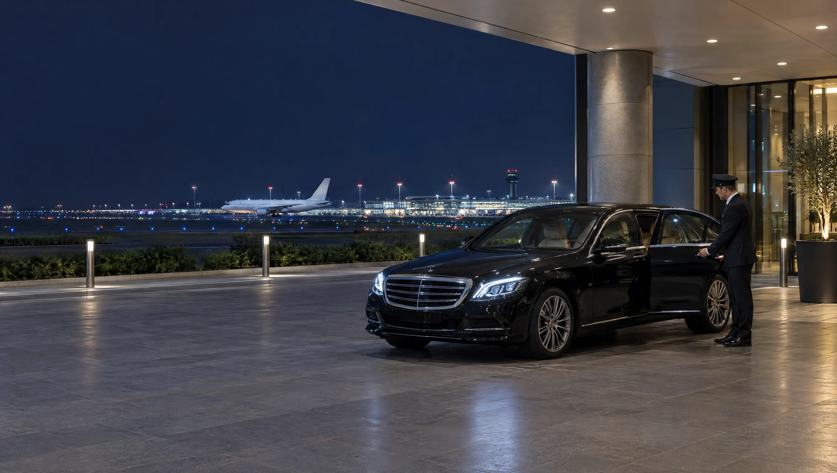 An executive car waiting under the portico of a hotel at night with a driver holding the door