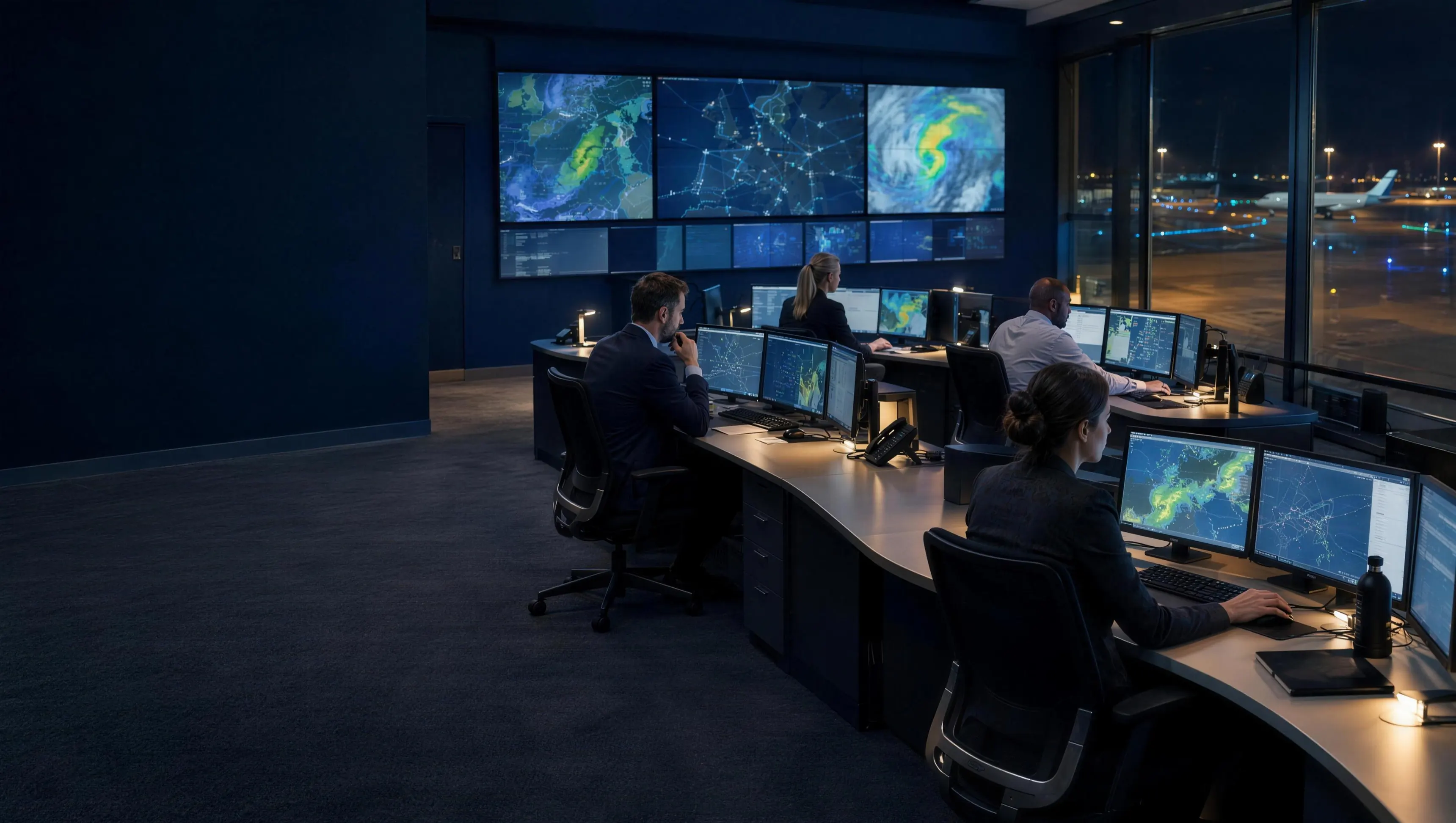 An aviation operations control centre at night, with coordinators at desks and weather and movement displays