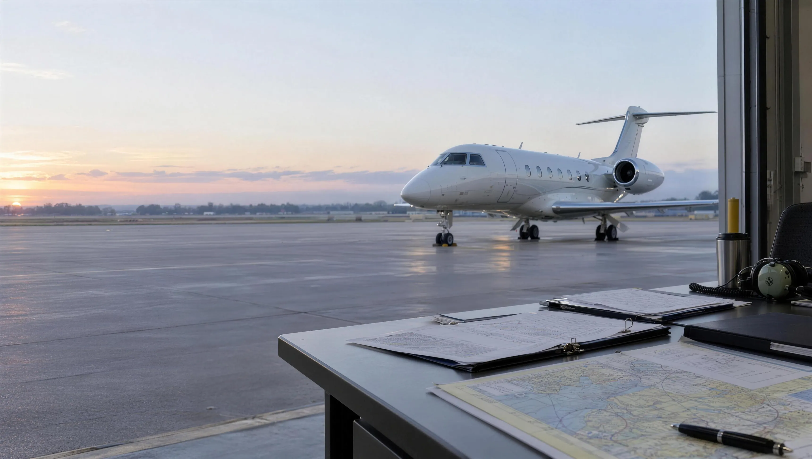 Flight paperwork and charts on an operations desk, with a business jet on the apron beyond