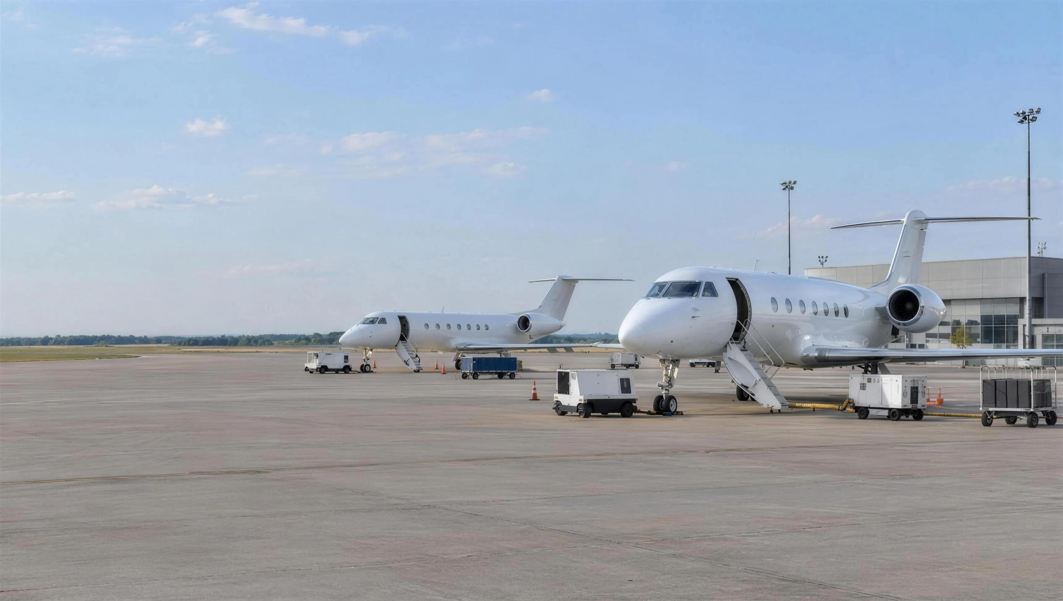 A business aviation apron with two aircraft on stand and ground support equipment positioned around them