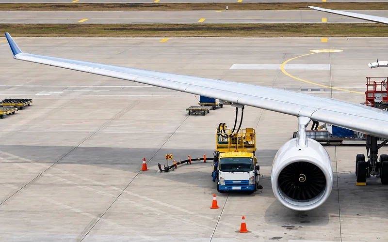Airways flight support: an aircraft on stand with ground service equipment