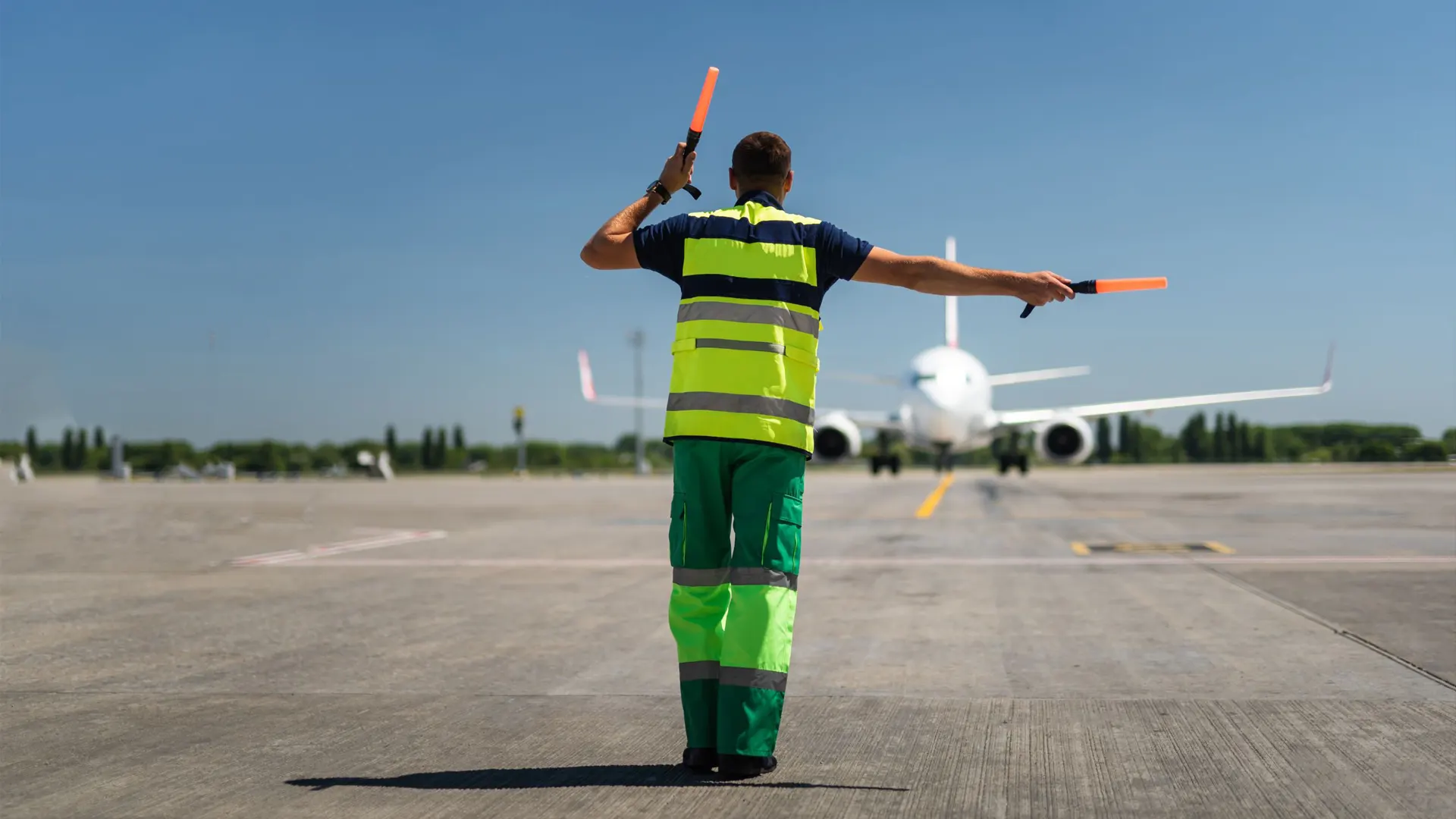 Image of a marshaller guiding an aircraft during ground handling procedures.